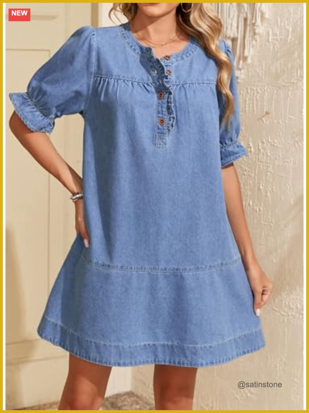 Denim Babydoll Dress Flare Short Sleeve Button Front Ruffle Cuff A-Line Mini - Picture 5 of 7